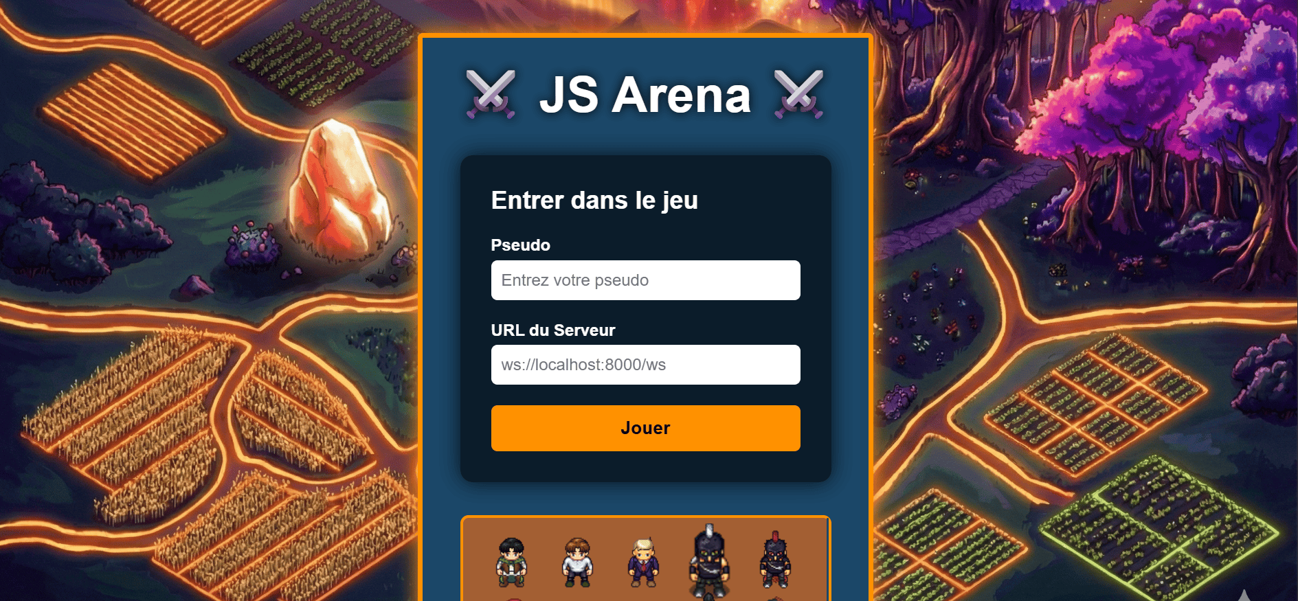 Interface de portail du jeu pour choisir son skin et rejoindre le serveur du jeu